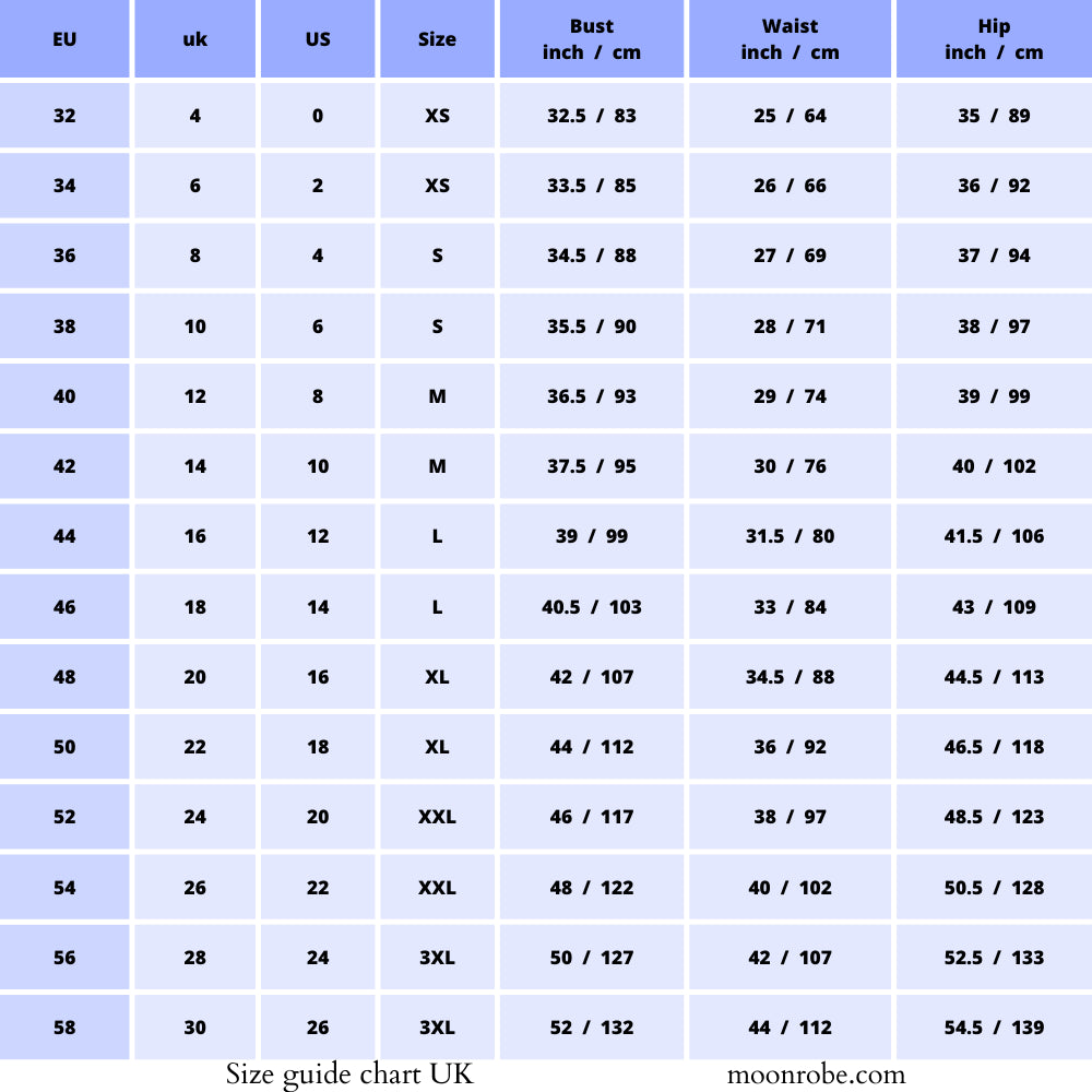 UK size guide chart on moonrobe