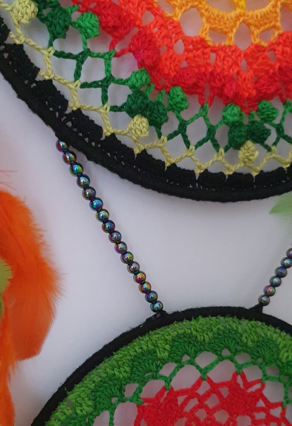 beads, feathers, vibrant colors, dreamcatcher