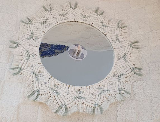 Decorative round mirror with macrame frame