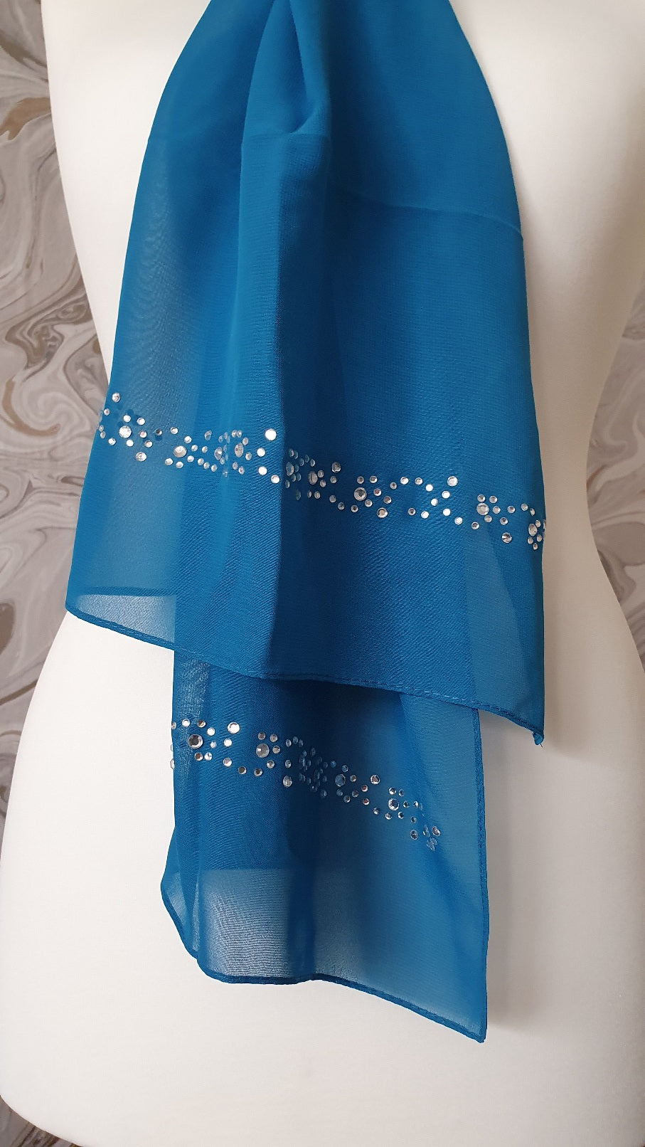 blue chiffon scarf decorated with pearls