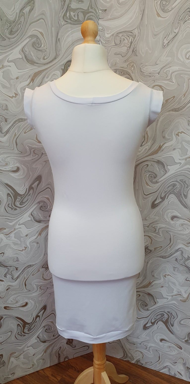 white stretch midi dress