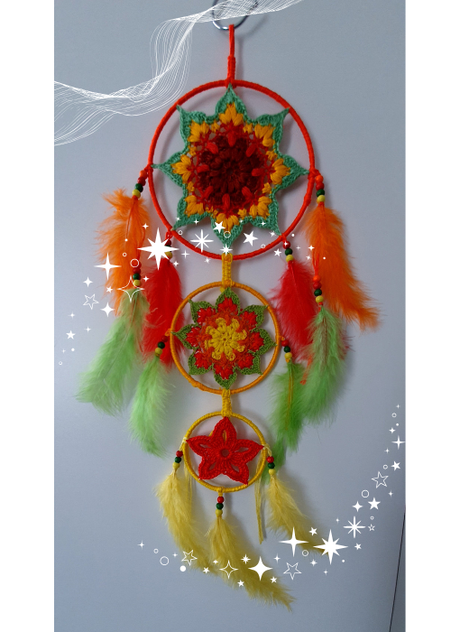 Vibrant Spirit Dreamcatcher – Triple Hoop with Colorful Crochet & Feathers