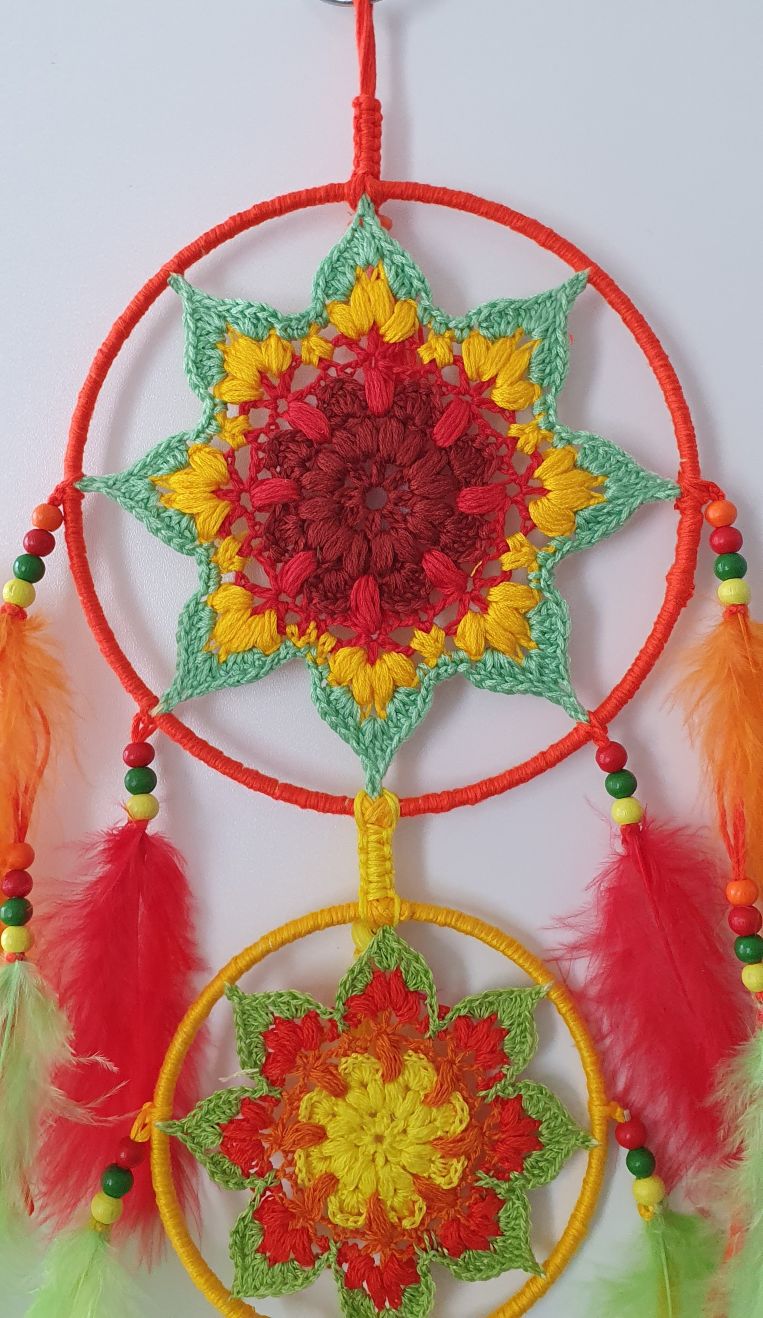 Colorful dreamcatcher with red, yellow, and green patterns 