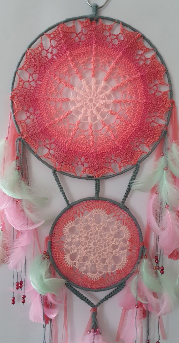 pink-gray crochet fluffy dreamcatcher