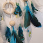 white and turquoise feathers on dreamcatcher