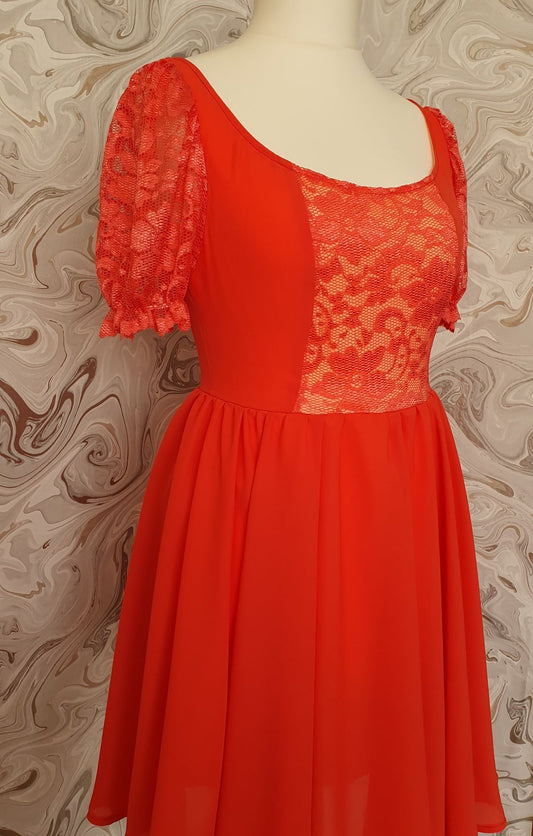 coral lace and chiffon dress