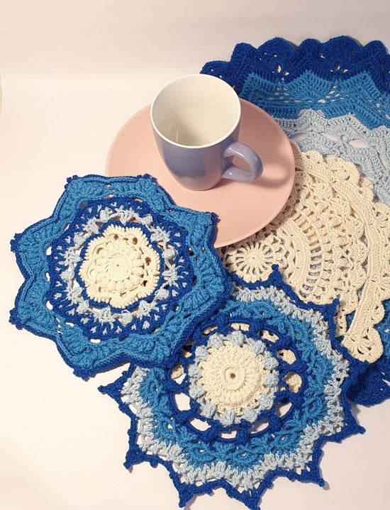 crochet cotton coasters blue set