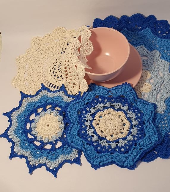 crochet blue coaster set