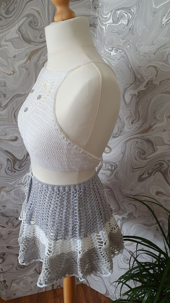 Crochet cotton white-gray mini skirt and top.