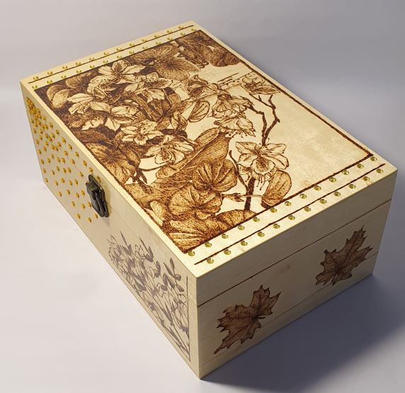 pyrography wooden box with beans and flowers decoration