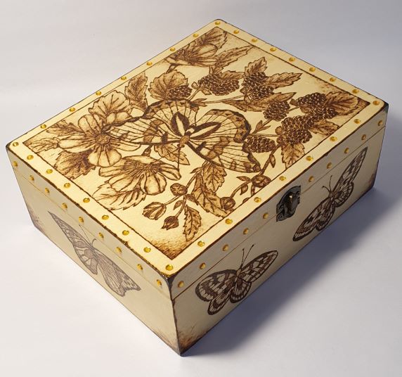 pyrographi wooden box with butterfly decorations
