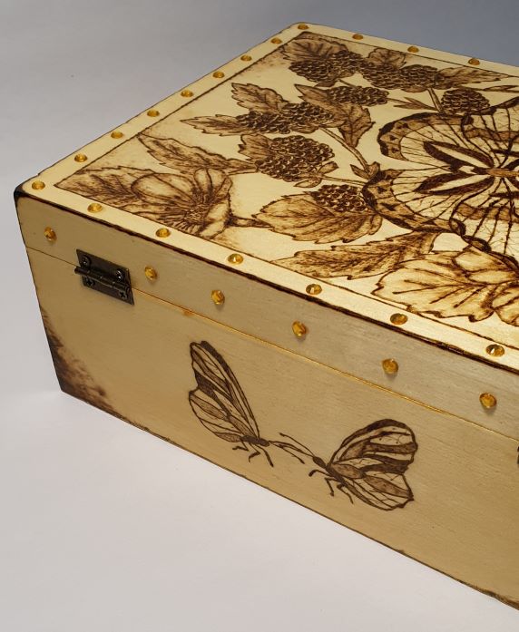 pyrography large wooden box with beans decorations