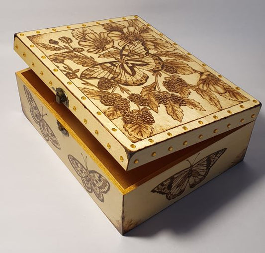 large pyrography wooden box with butterfly and beans decorations
