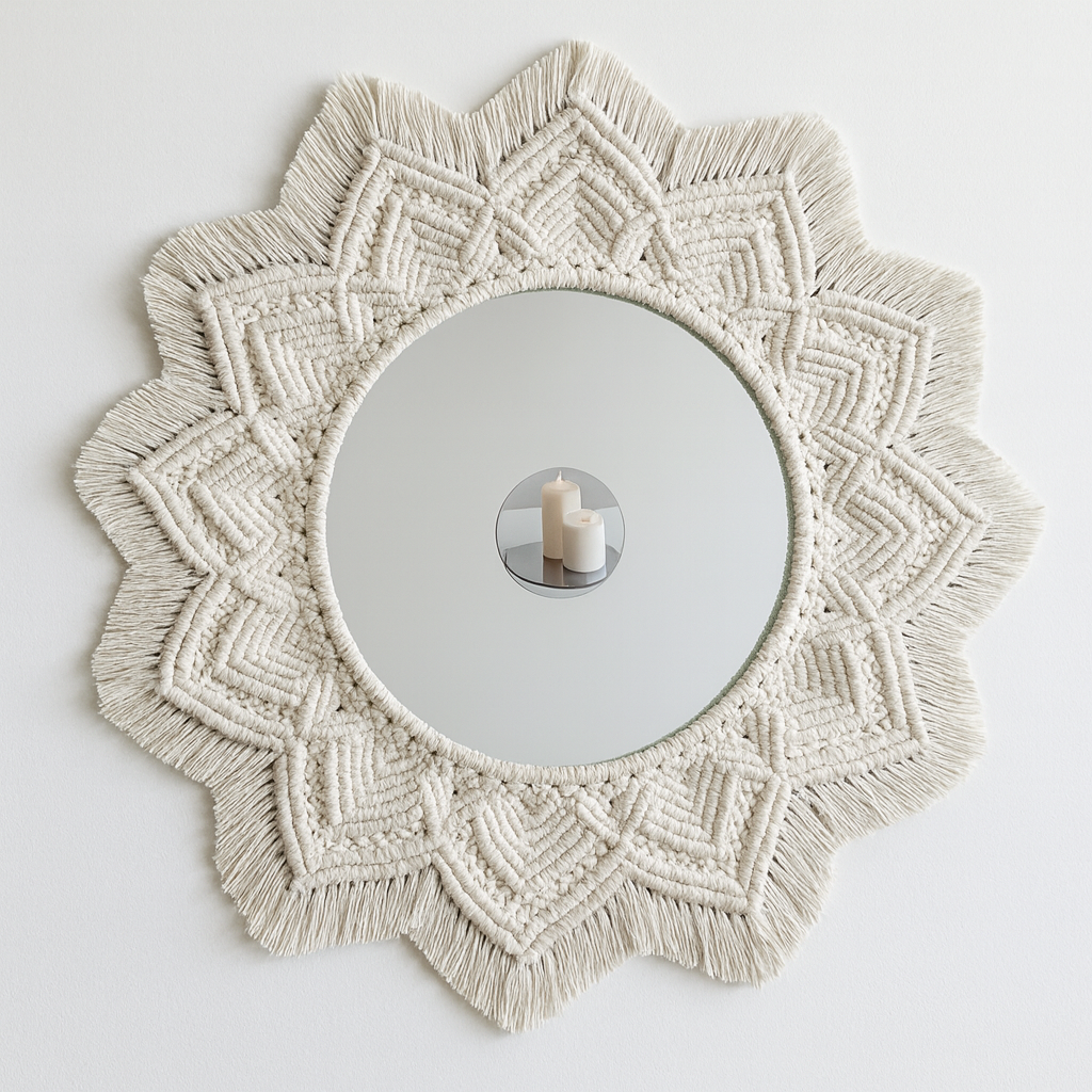 Cream round mirror in macrame frame
