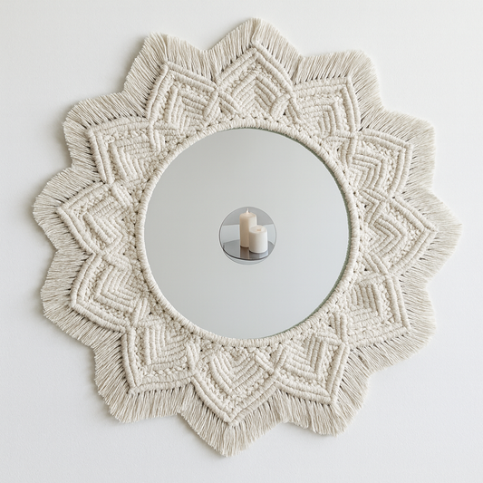 Cream round mirror in macrame frame