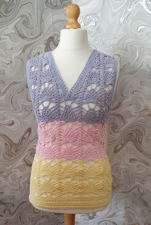 purple pink yellow crochet lace vest