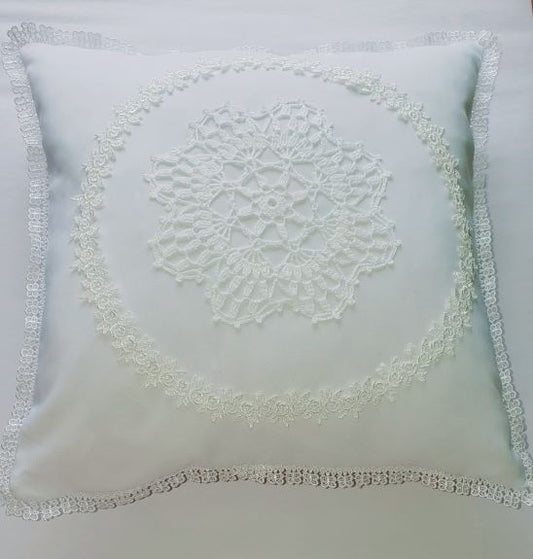 snow white small cushion with hand made crochet round flower lace