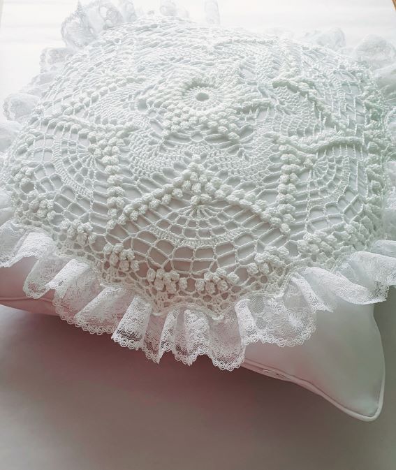 unique snow white cushion with crochet round lace