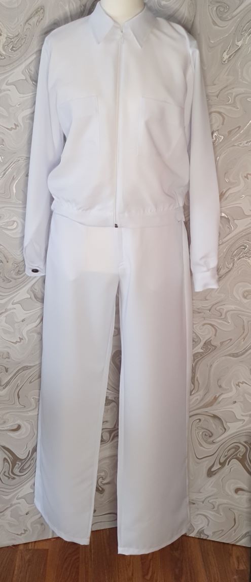 white polyester pants and jacket