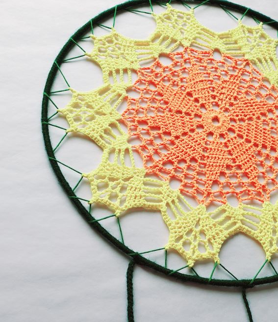crochet dream catcher green, orange and yellow