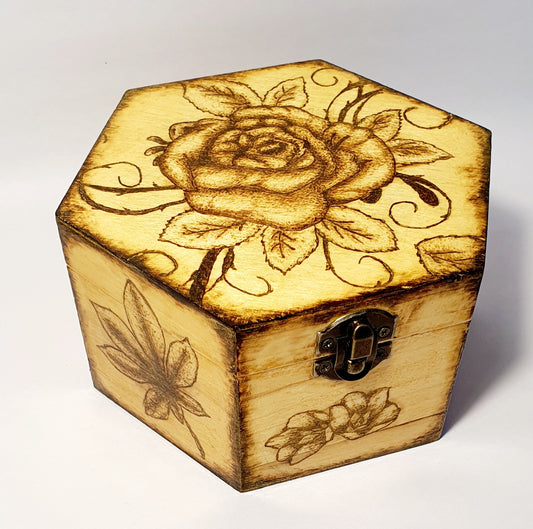 hexagonal pyrography small wooden box