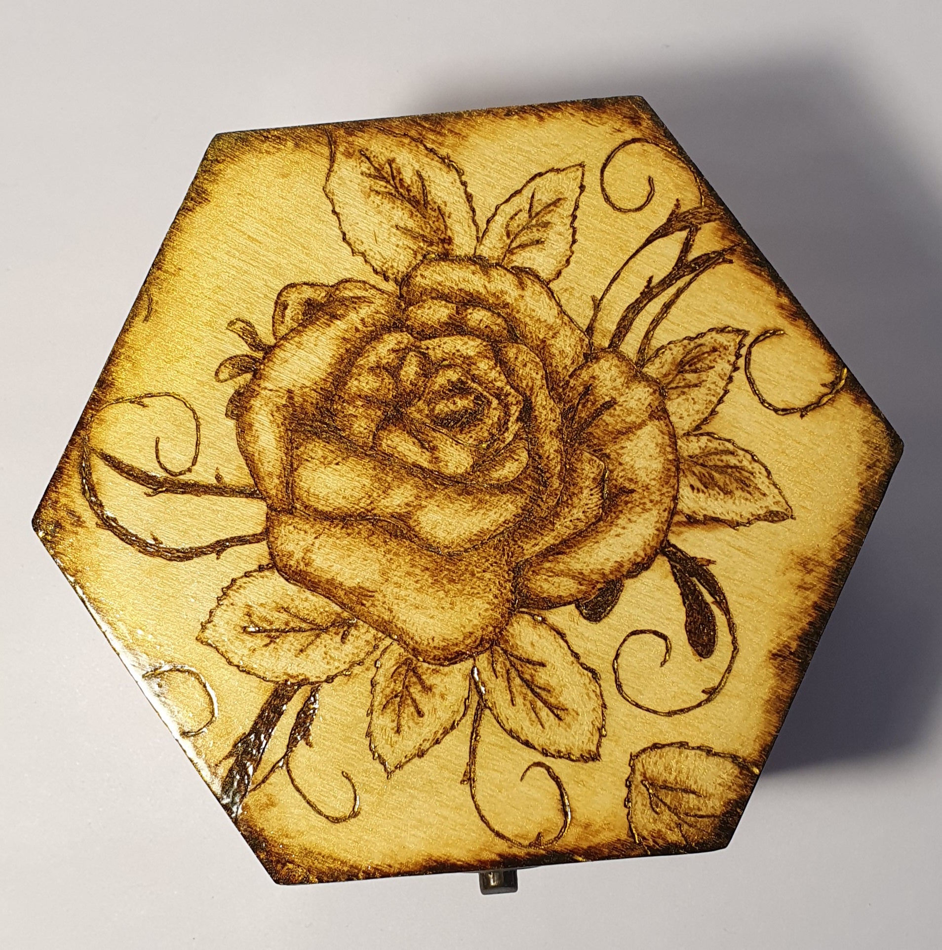 pyrography box with rose pattern