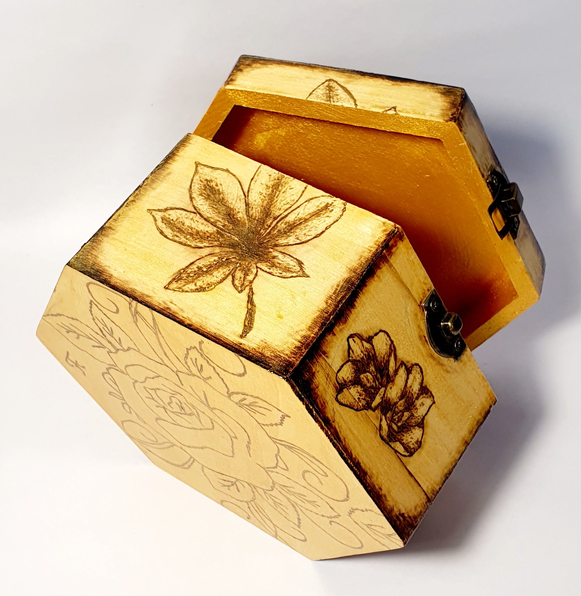 inside gold pyrography wooden box