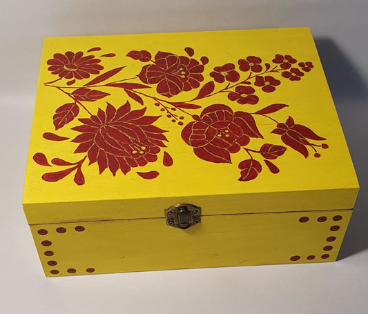 yellow and red painted medium wooden box
